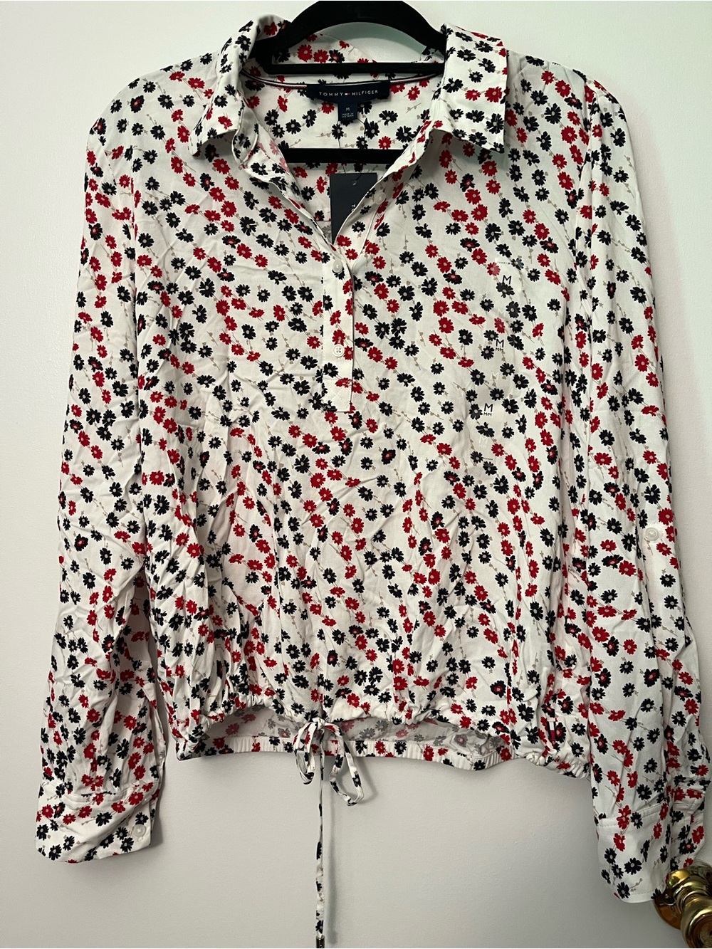 NWT Tommy Hilfiger Floral Drawstring Bubble Blouse Sz M